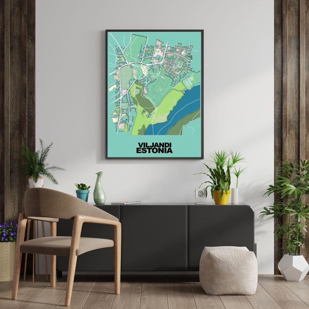COLOURED ROAD MAP OF VILJANDI, ESTONIA BY MAPBAKES