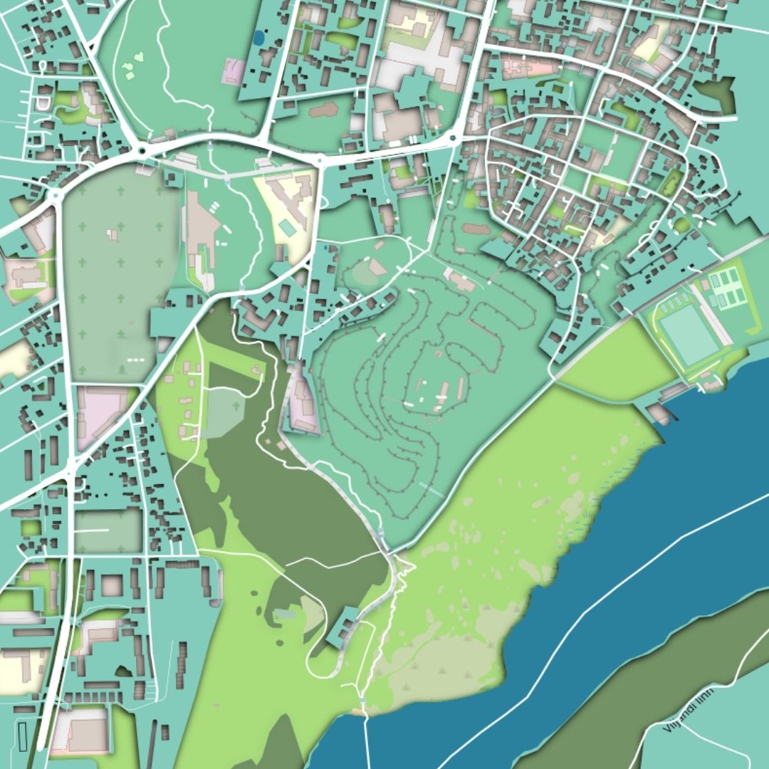 COLOURED ROAD MAP OF VILJANDI, ESTONIA BY MAPBAKES