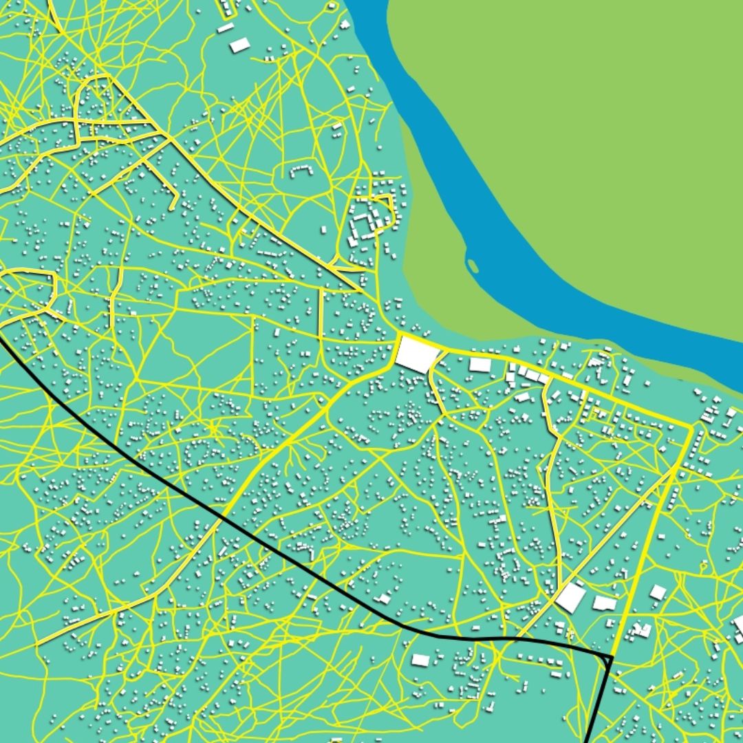 COLOURED ROAD MAP OF SHAKAWE, BOTSWANA BY MAPBAKES