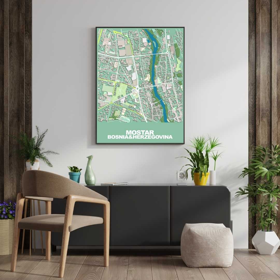 COLOURED ROAD MAP OF MOSTER, BOSNIA & HERZEGOVINA BY MAPBAKES