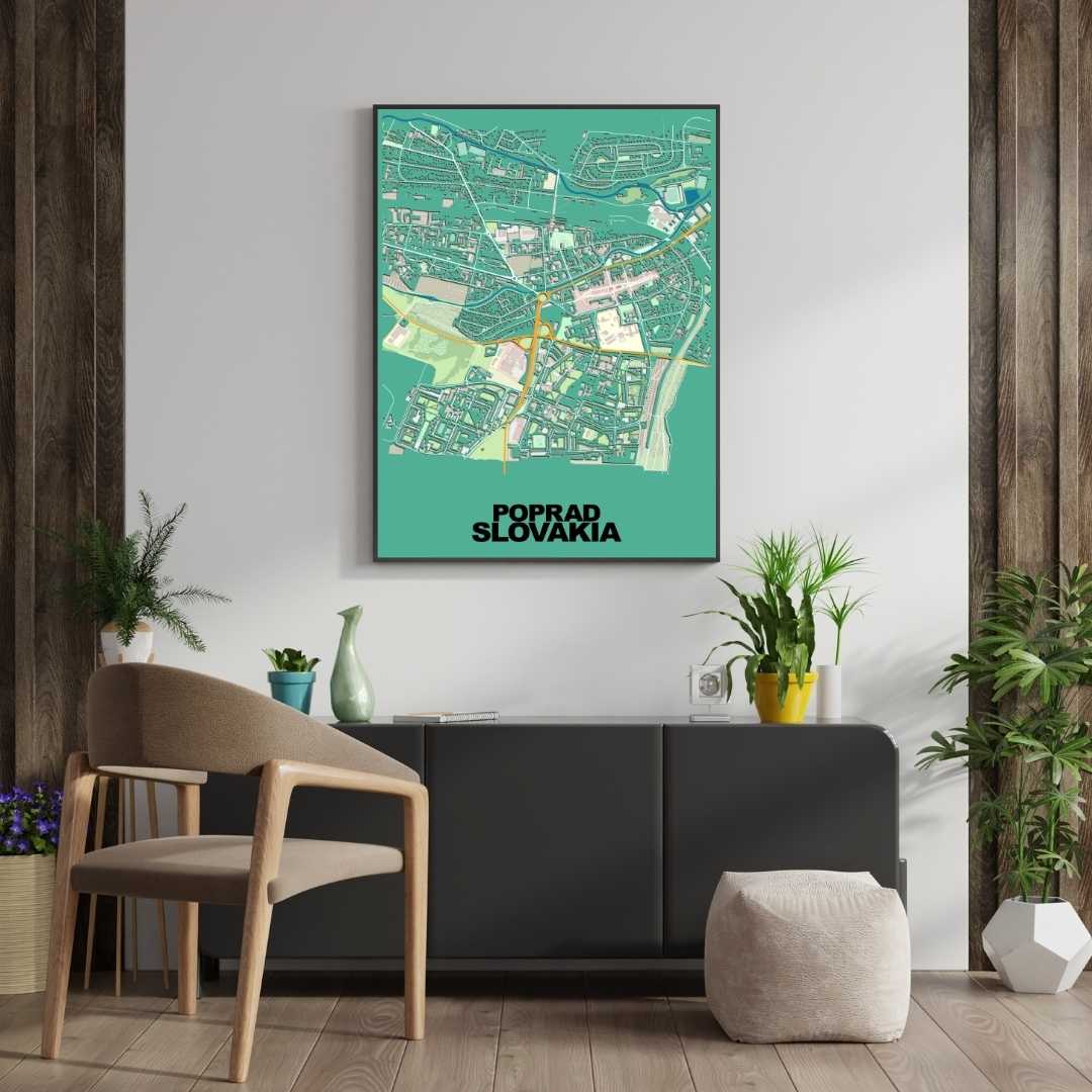 COLOURED ROAD MAP OF POPRAD, SLOVAKIA BY MAPBAKES