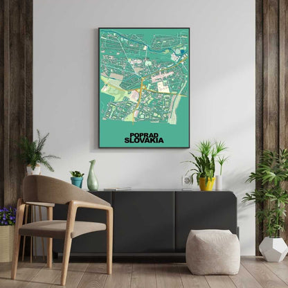 COLOURED ROAD MAP OF POPRAD, SLOVAKIA BY MAPBAKES