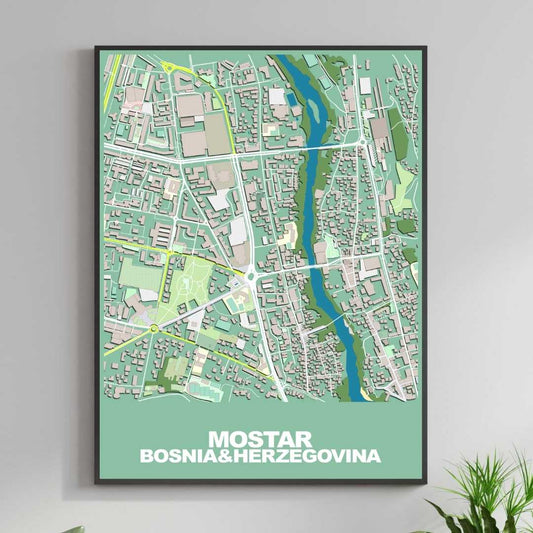 COLOURED ROAD MAP OF MOSTER, BOSNIA & HERZEGOVINA BY MAPBAKES