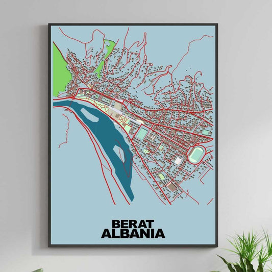 COLOURED ROAD MAP OF BERAT, ALBANIA BY MAPBAKES