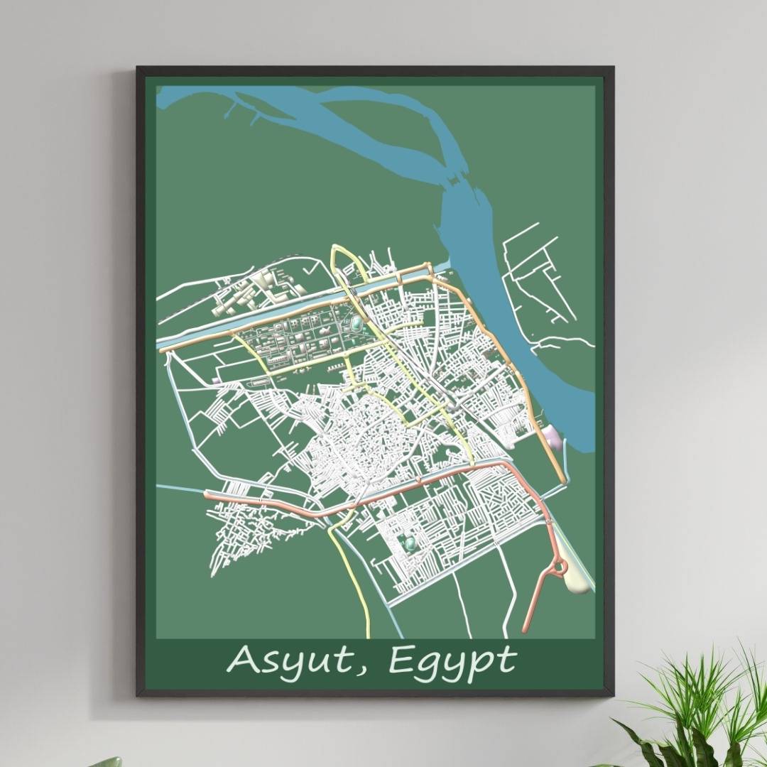 COLOURED ROAD MAP OF ASYUT, EGYPT BY MAPBAKES