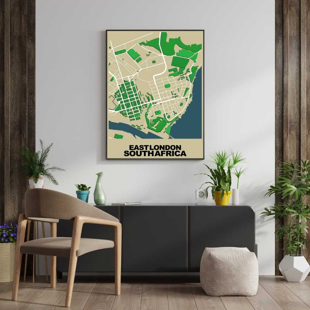 COLOURED ROAD MAP OF EAST LONDON, SOUTH AFRICA BY MAPBAKES
