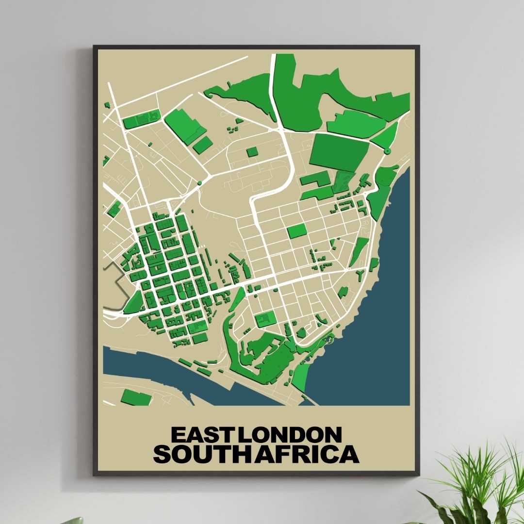COLOURED ROAD MAP OF EAST LONDON, SOUTH AFRICA BY MAPBAKES
