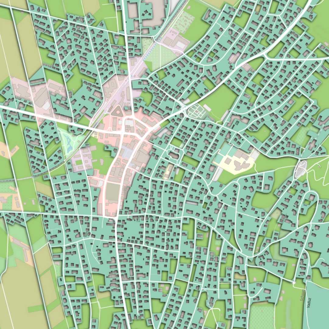 COLOURED ROAD MAP OF SCHAAN, LIECHTENSTEIN BY MAPBAKES