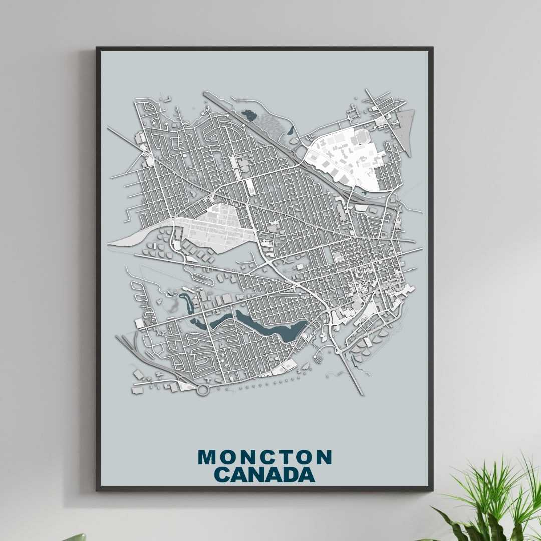 COLOURED ROAD MAP OF MONCTON, CANADA BY MAPBAKES