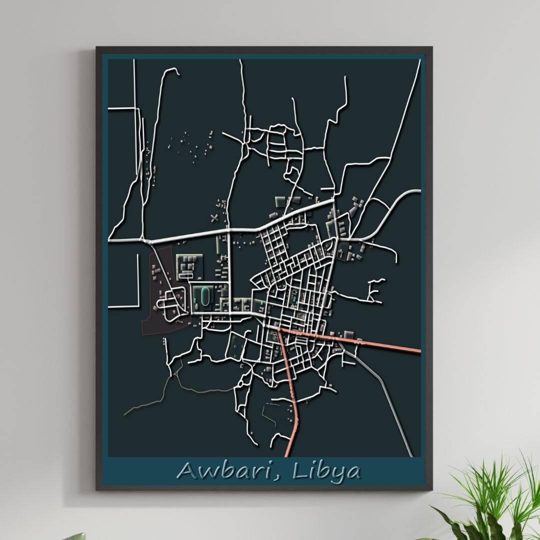 COLOURED ROAD MAP OF AWBARI, LIBYA BY MAPBAKES