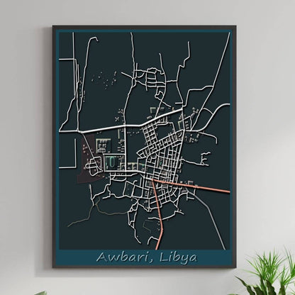 COLOURED ROAD MAP OF AWBARI, LIBYA BY MAPBAKES