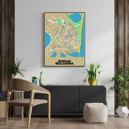 COLOURED ROAD MAP OF BURGAS, BULGARIA BY MAPBAKES