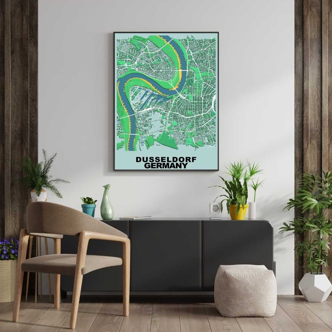 COLOURED ROAD MAP OF DUSSELDORF, GERMANY BY MAPBAKES