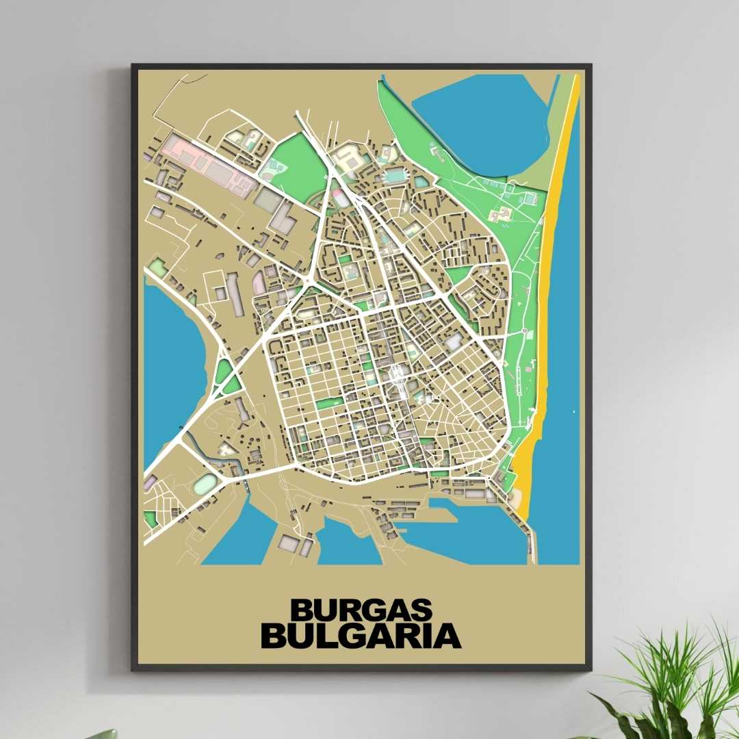 COLOURED ROAD MAP OF BURGAS, BULGARIA BY MAPBAKES