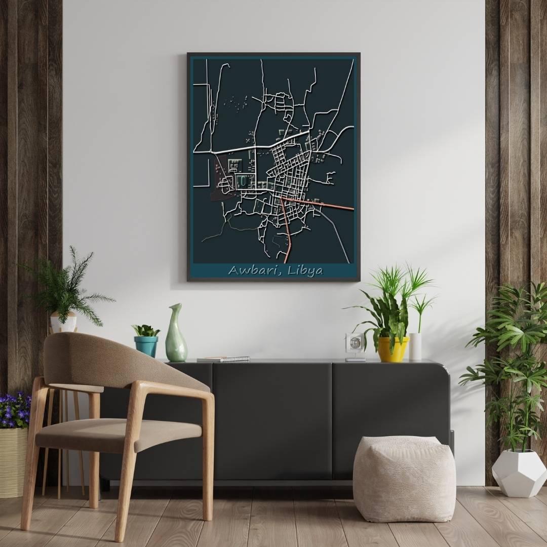 COLOURED ROAD MAP OF AWBARI, LIBYA BY MAPBAKES