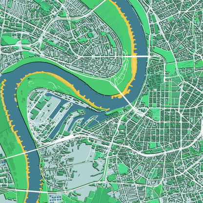 COLOURED ROAD MAP OF DUSSELDORF, GERMANY BY MAPBAKES