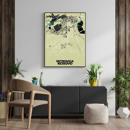 COLOURED ROAD MAP OF MITROVICA, KOSOVO BY MAPBAKES