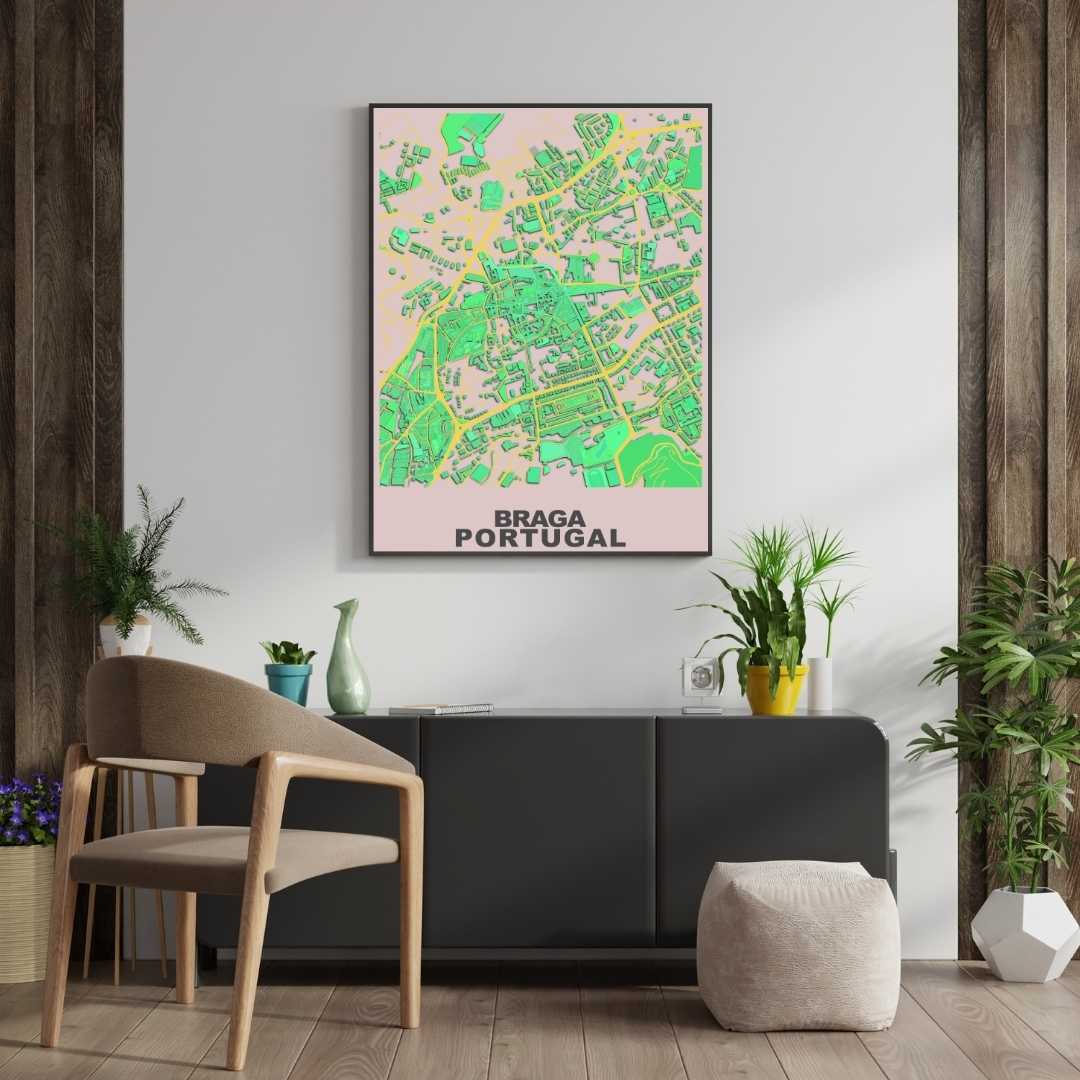COLOURED ROAD MAP OF BRAGA, PORTUGAL BY MAPBAKES