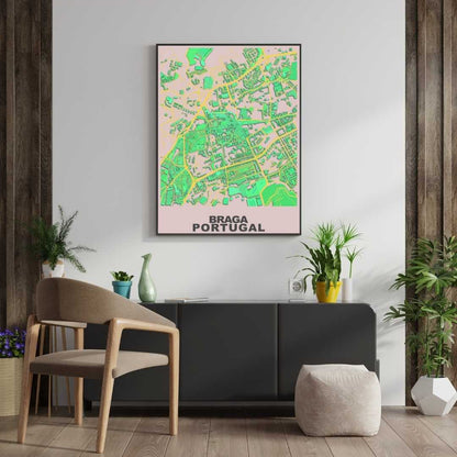 COLOURED ROAD MAP OF BRAGA, PORTUGAL BY MAPBAKES
