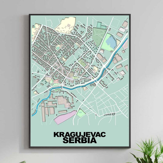 COLOURED ROAD MAP OF KRAGUJEVAC, SERBIA BY MAPBAKES