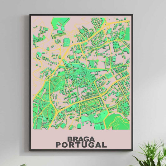 COLOURED ROAD MAP OF BRAGA, PORTUGAL BY MAPBAKES