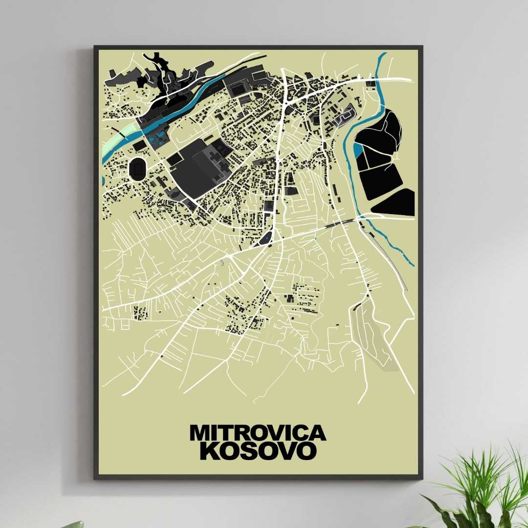 COLOURED ROAD MAP OF MITROVICA, KOSOVO BY MAPBAKES