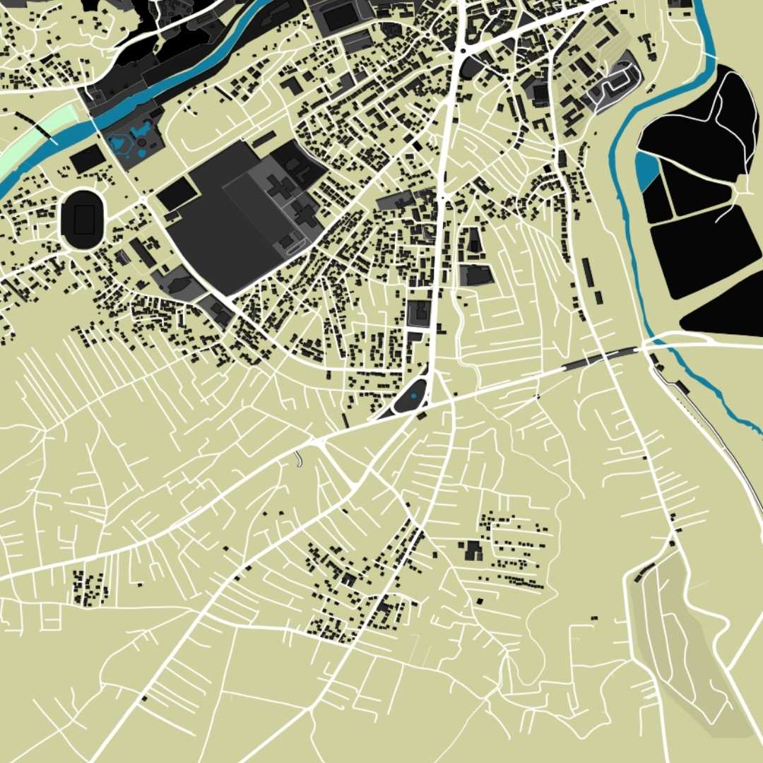 COLOURED ROAD MAP OF MITROVICA, KOSOVO BY MAPBAKES