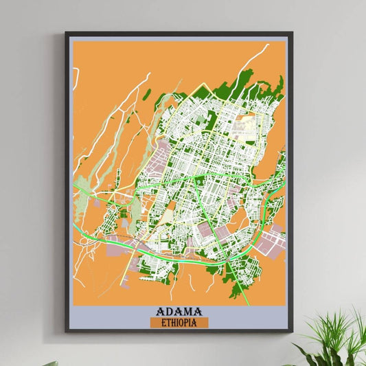 COLOURED ROAD MAP OF ADAMA, ETHIOPIA BY MAPBAKES