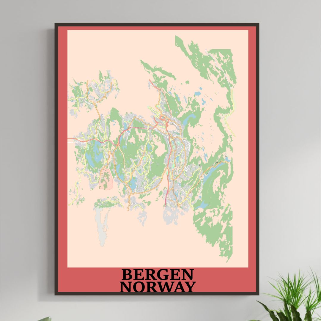 COLOURED ROAD MAP OF BERGEN, NORWAY BY MAPBAKES