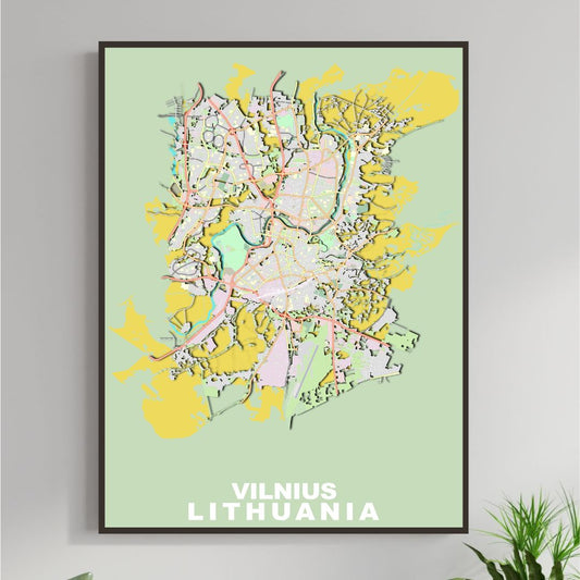 COLOURED ROAD MAP OF VILNIUS, LITHUANIA BY MAPBAKES