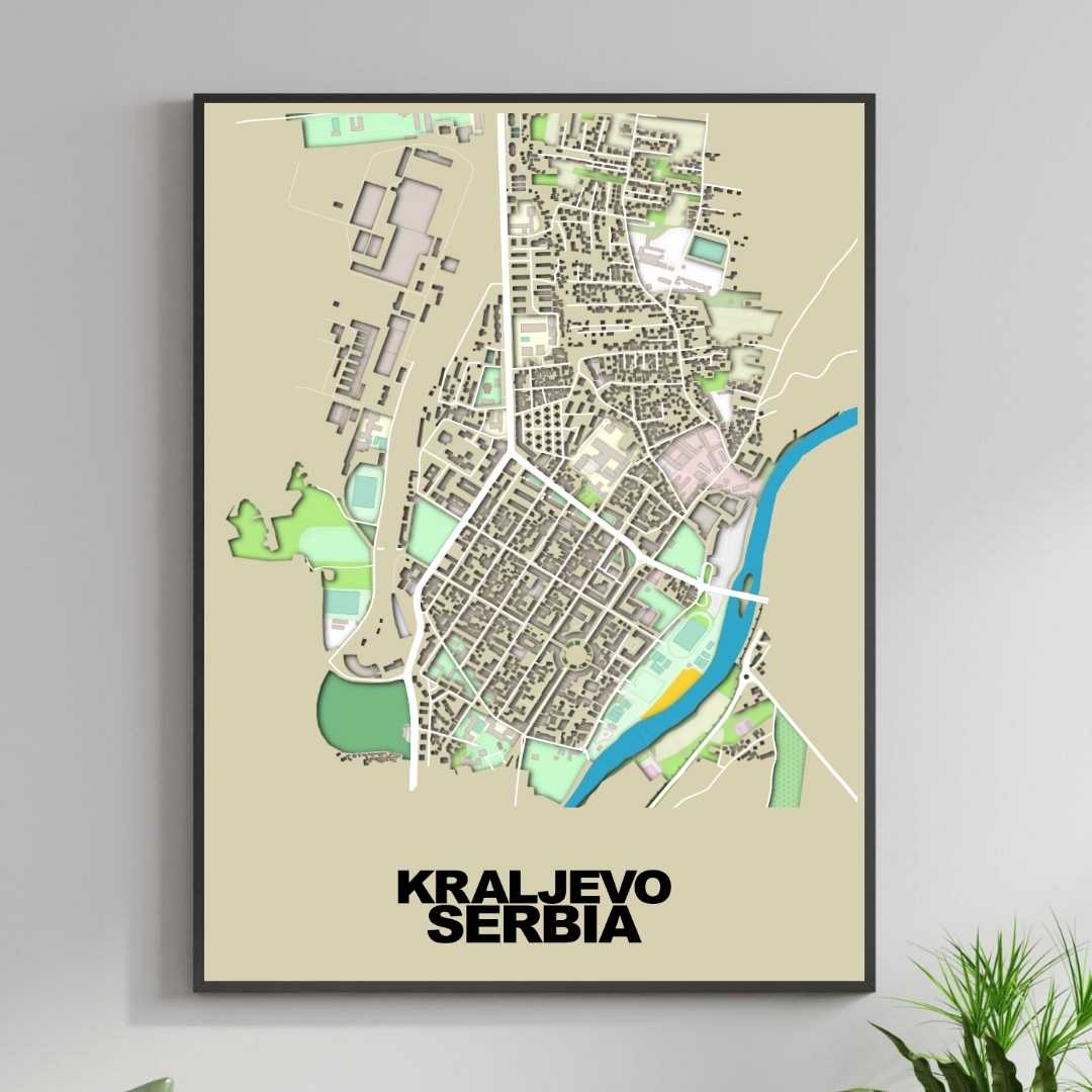 COLOURED ROAD MAP OF KRALJEVO, SERBIA BY MAPBAKES