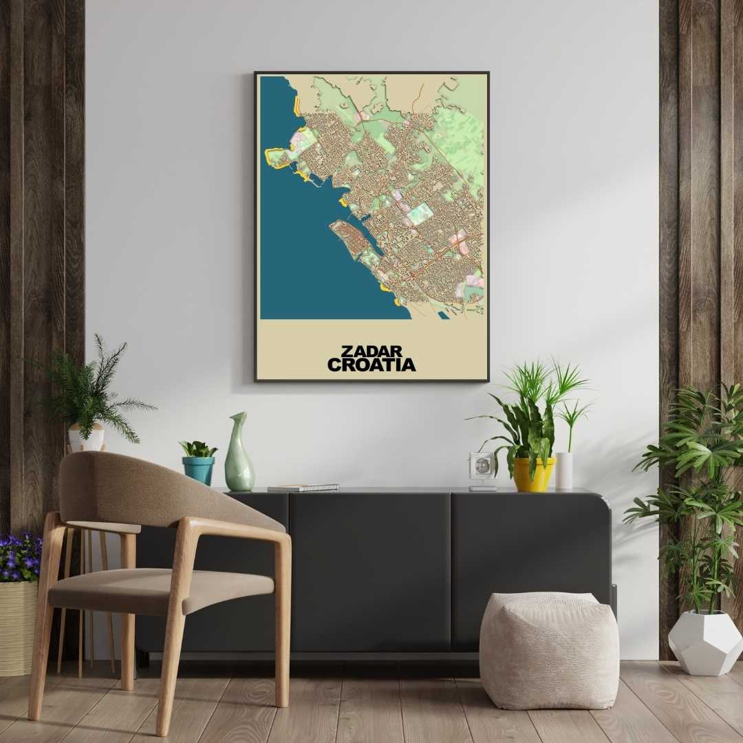 COLOURED ROAD MAP OF ZADAR, CROATIA BY MAPBAKES