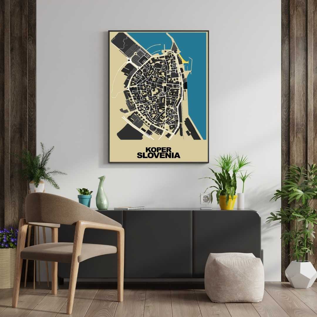 COLOURED ROAD MAP OF KOPER, SLOVENIA BY MAPBAKES