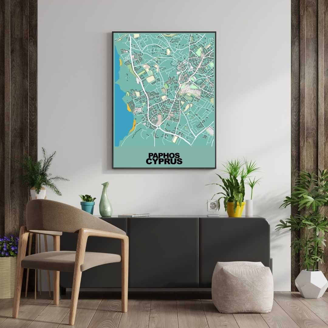 COLOURED ROAD MAP OF PAPHOS, CYPRUS BY MAPBAKES