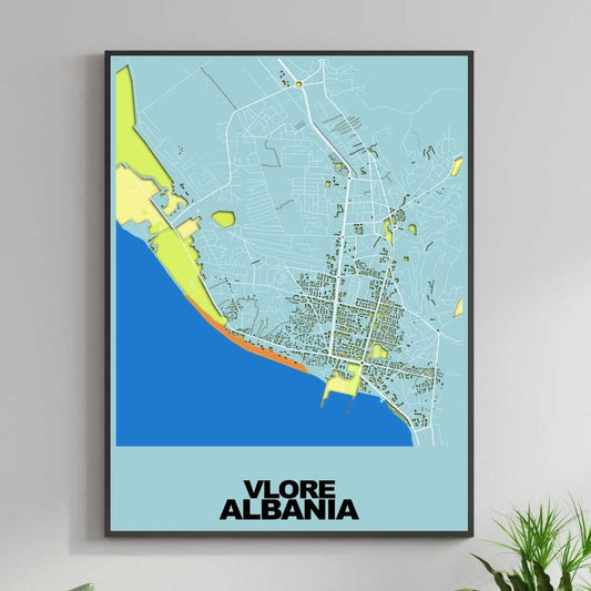 COLOURED ROAD MAP OF VLORE, ALBANIA BY MAPBAKES