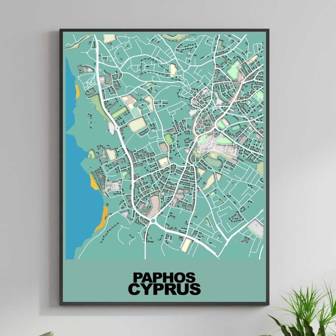 COLOURED ROAD MAP OF PAPHOS, CYPRUS BY MAPBAKES