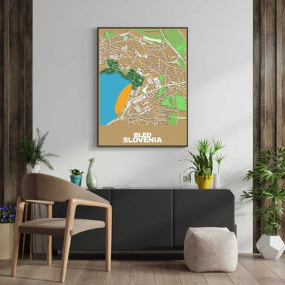 COLOURED ROAD MAP OF BLED, SLOVENIA BY MAPBAKES