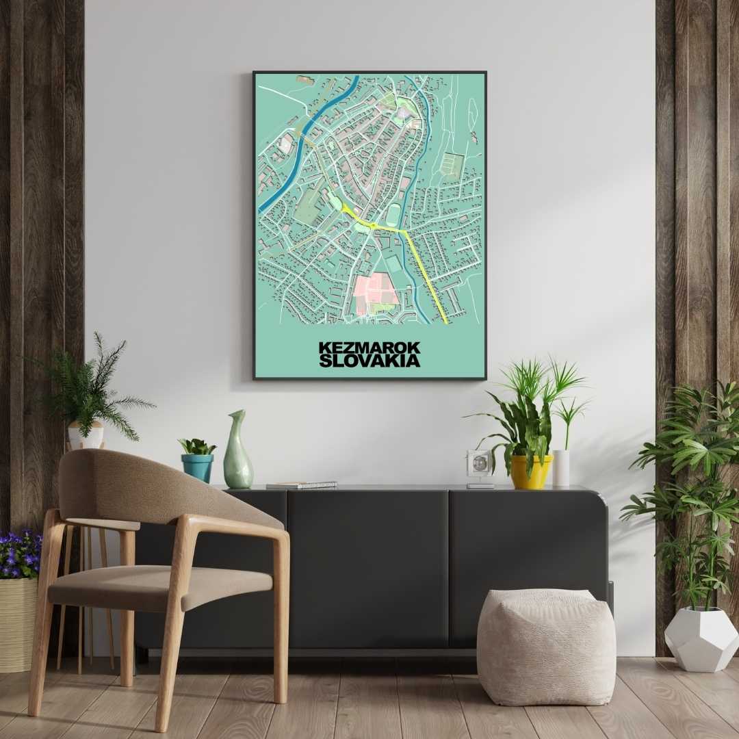 COLOURED ROAD MAP OF KEZMAROK, SLOVAKIA BY MAPBAKES