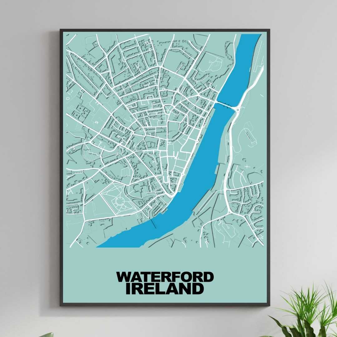 COLOURED ROAD MAP OF WATERFORD, IRELAND BY MAPBAKES