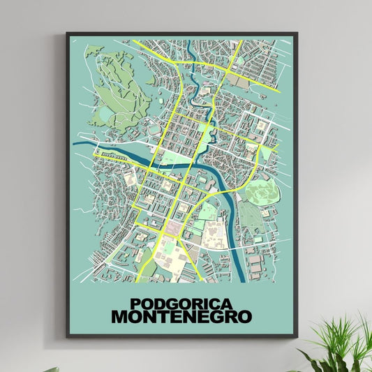 COLOURED ROAD MAP OF PODGORICA, MONTENEGRO BY MAPBAKES