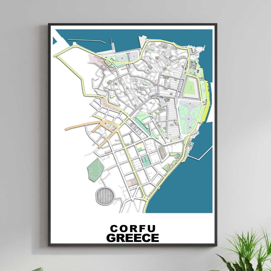 COLOURED ROAD MAP OF CORFU, GREECE BY MAPBAKES