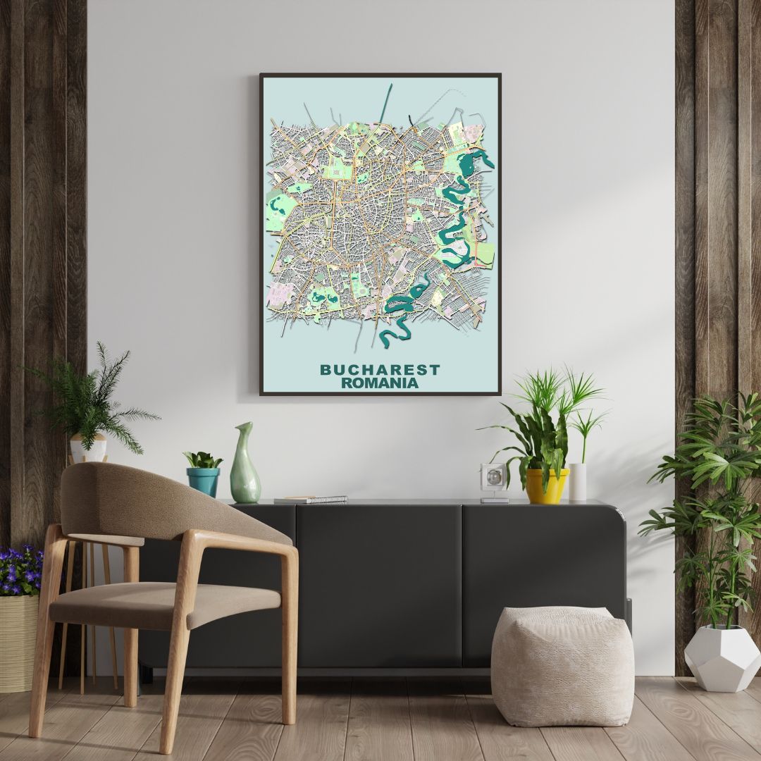 COLOURED ROAD MAP OF BUCHAREST, ROMANIA BY MAPBAKES