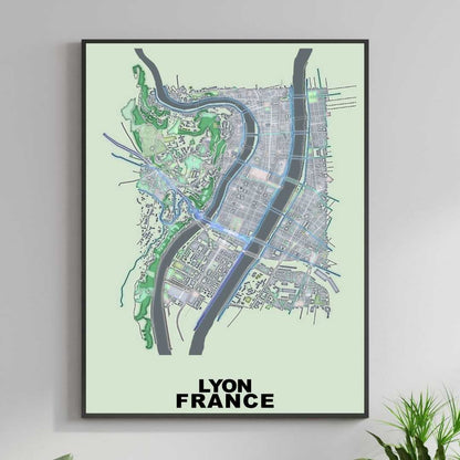 COLOURED ROAD MAP OF LYON, FRANCE BY MAPBAKES