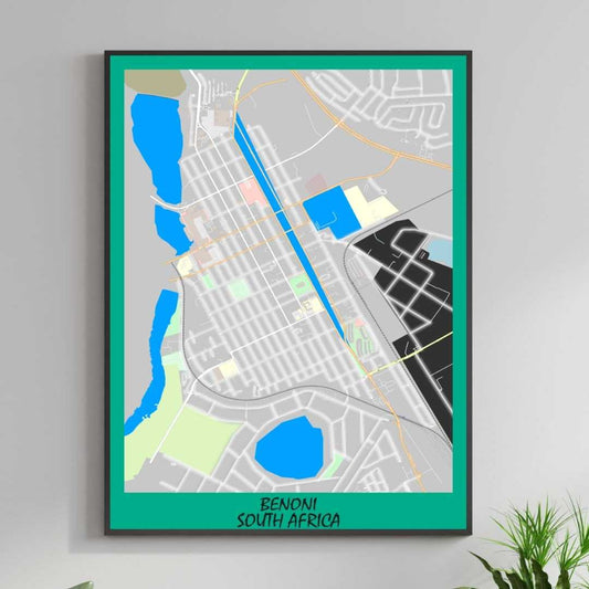 COLOURED ROAD MAP OF BENONI, SOUTH AFRICA BY MAPBAKES