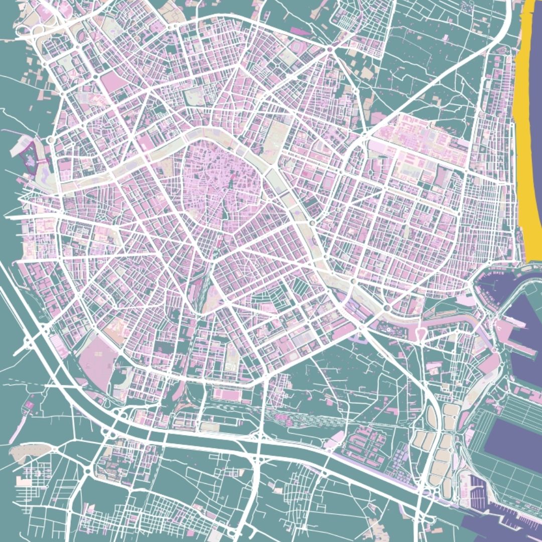COLOURED ROAD MAP OF VALENCIA, SPAIN BY MAPBAKES