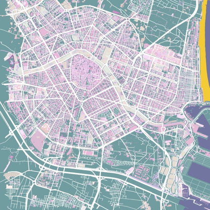 COLOURED ROAD MAP OF VALENCIA, SPAIN BY MAPBAKES