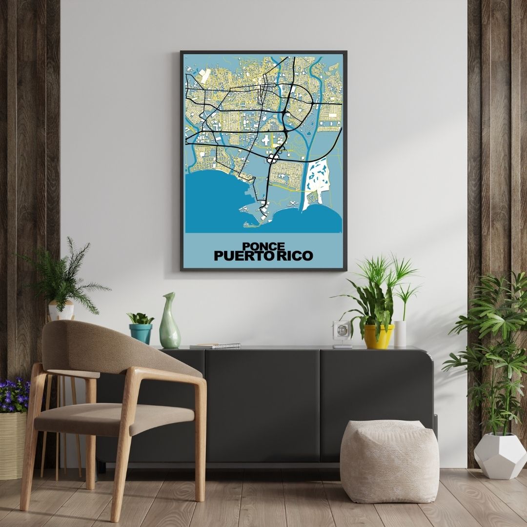 COLOURED ROAD MAP OF PONCE, PUERTO RICO BY MAPBAKES