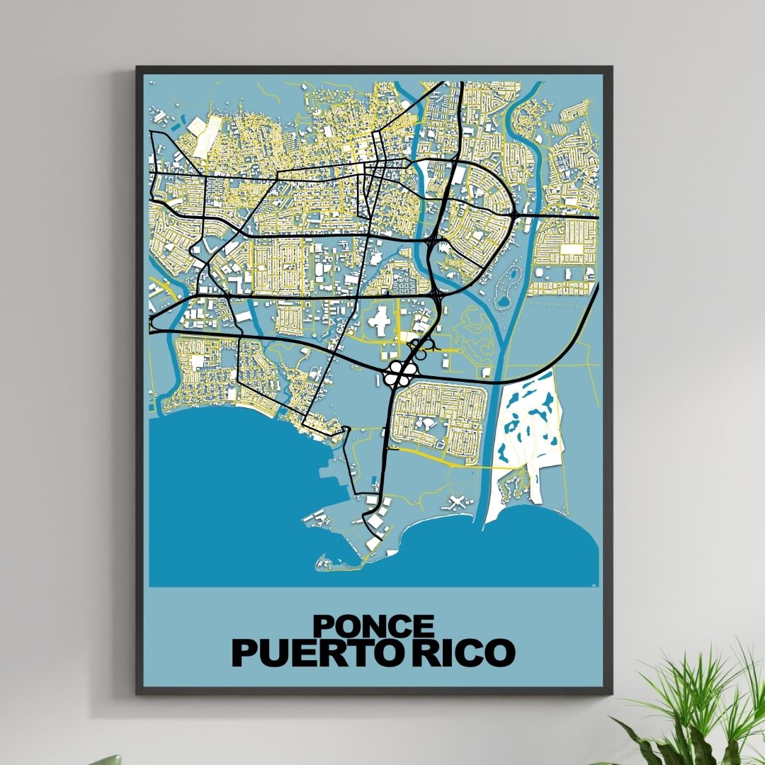 COLOURED ROAD MAP OF PONCE, PUERTO RICO BY MAPBAKES