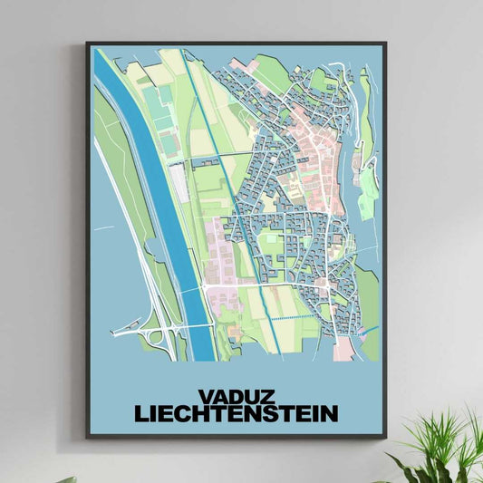 COLOURED ROAD MAP OF VADUZ, LIECHTENSTEIN BY MAPBAKES