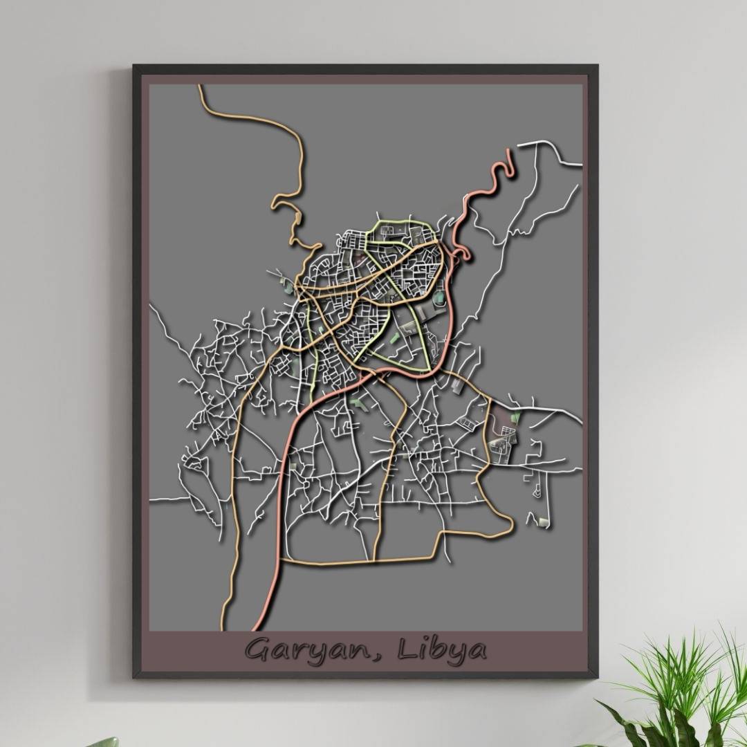 COLOURED ROAD MAP OF GARYAN, LIBYA BY MAPBAKES